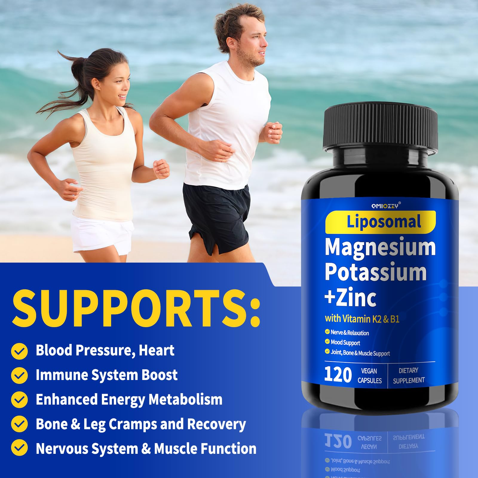 Qmiozzy zinc and B1 with K2 tablets supporting energy and bone health.