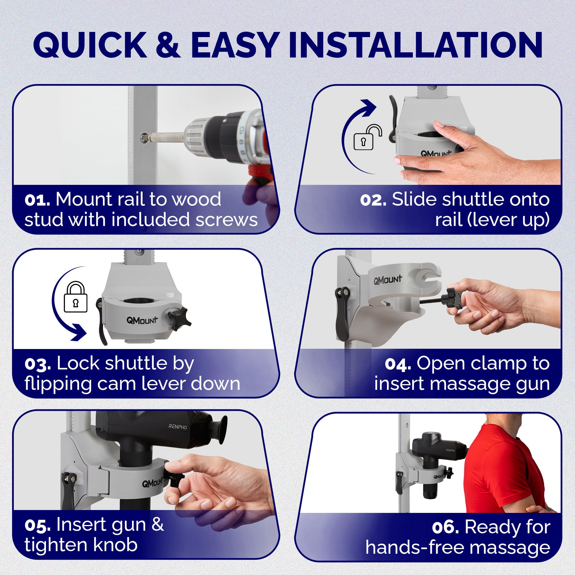 QMount compatible with Theragun, Ekrin, and Hyperice for versatile use.