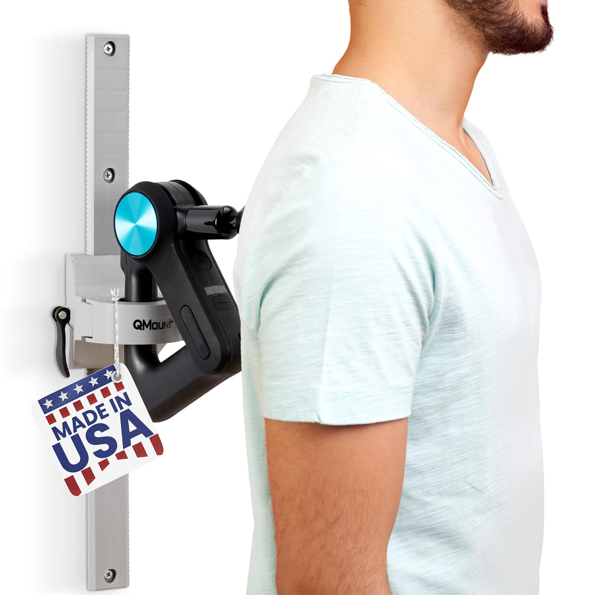 QMount back massager wall mount holds the massage gun for hands-free use.