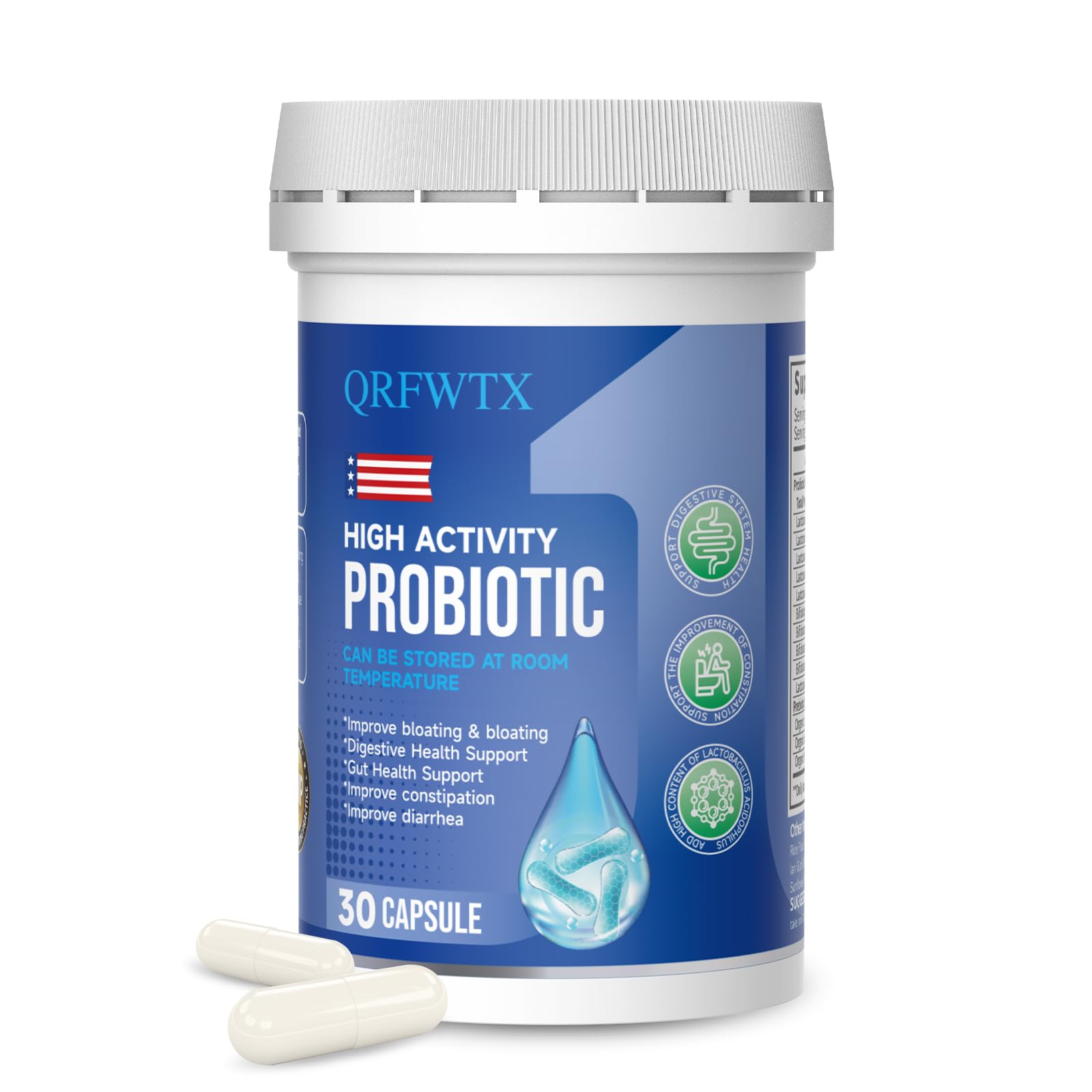 QRFWTX Acidophilus bottle front with 60B CFU for daily gut support.