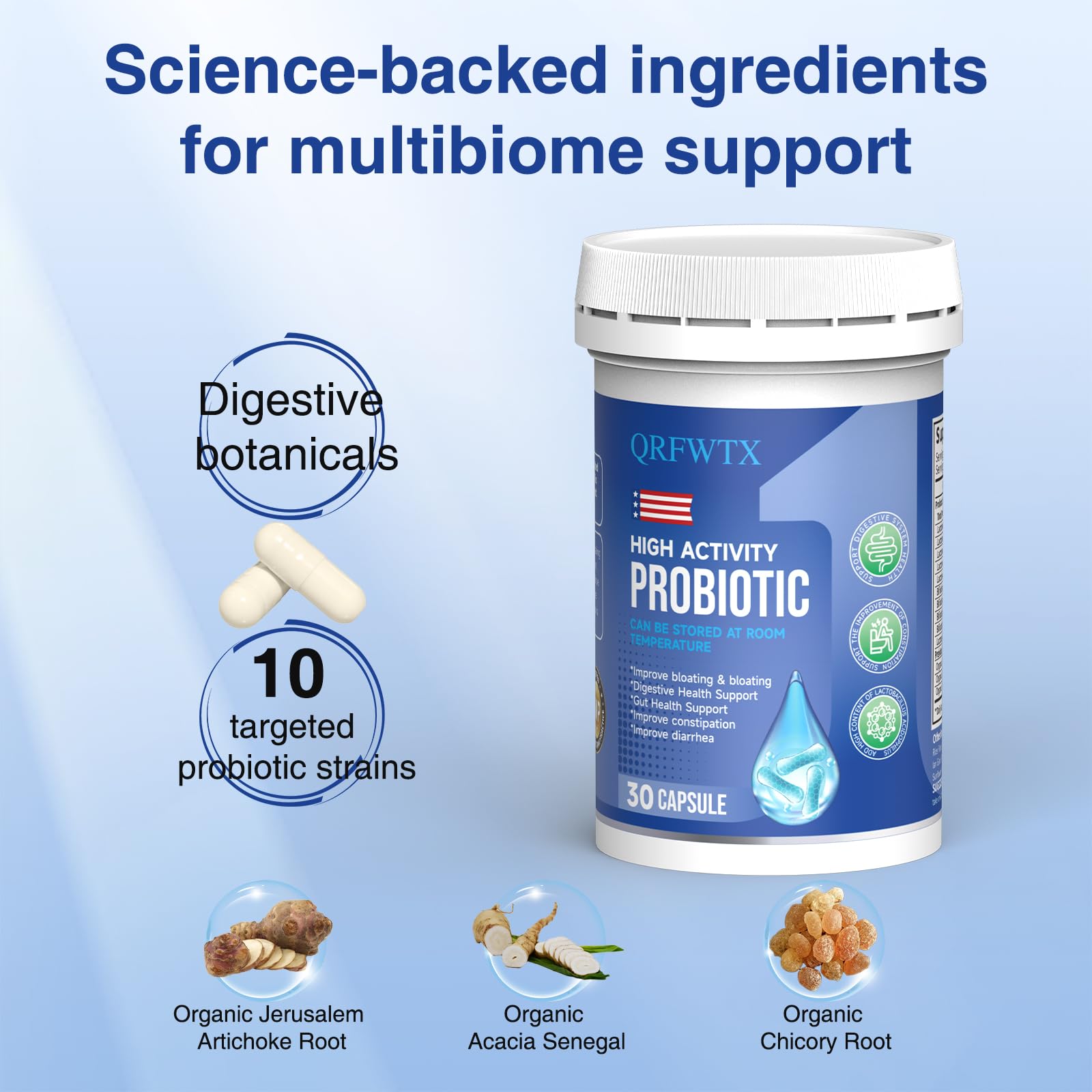 QRFWTX Acidophilus label highlights gluten-free and non-GMO attributes.