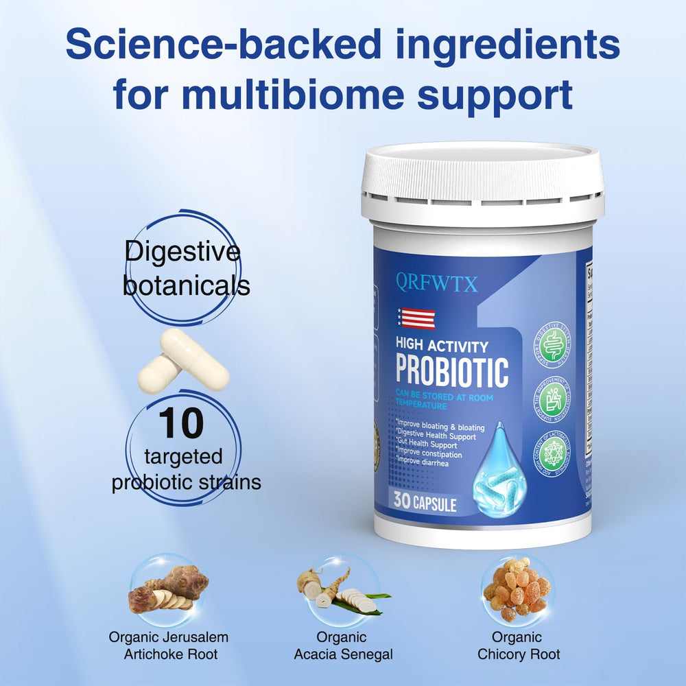 QRFWTX Acidophilus label highlights gluten-free and non-GMO attributes.