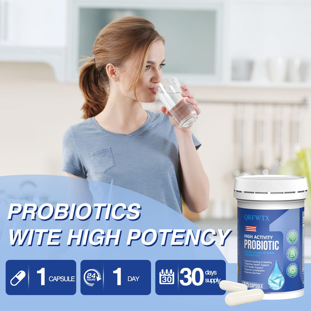 QRFWTX probiotic capsules with third-party tested quality badge.