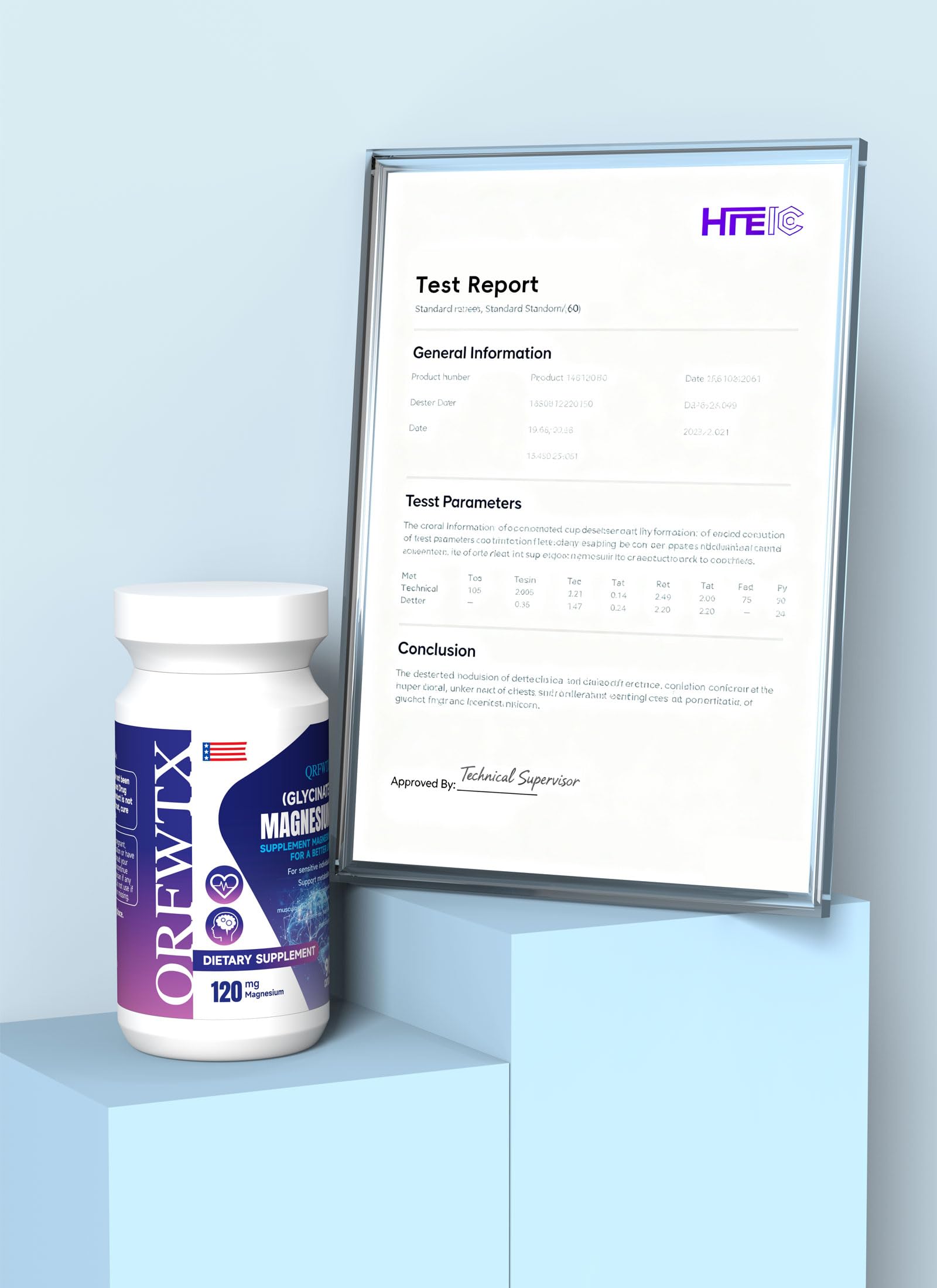 QRFWTX bottle nutrition panel shows Vitamin C alongside magnesium for daily balance.