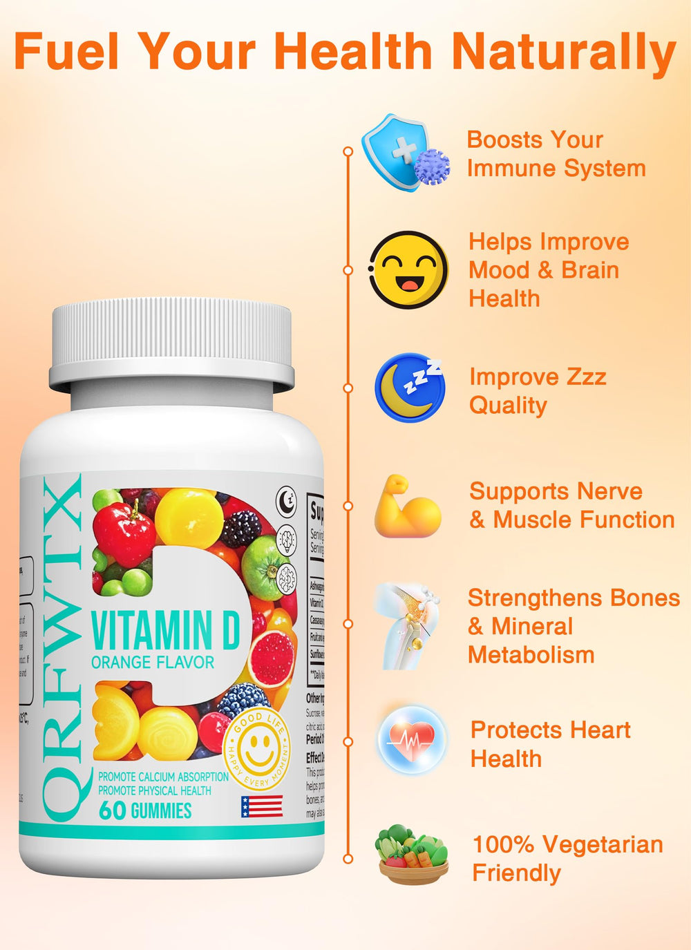 Two orange gummies serving suggests simple daily intake and consistency.