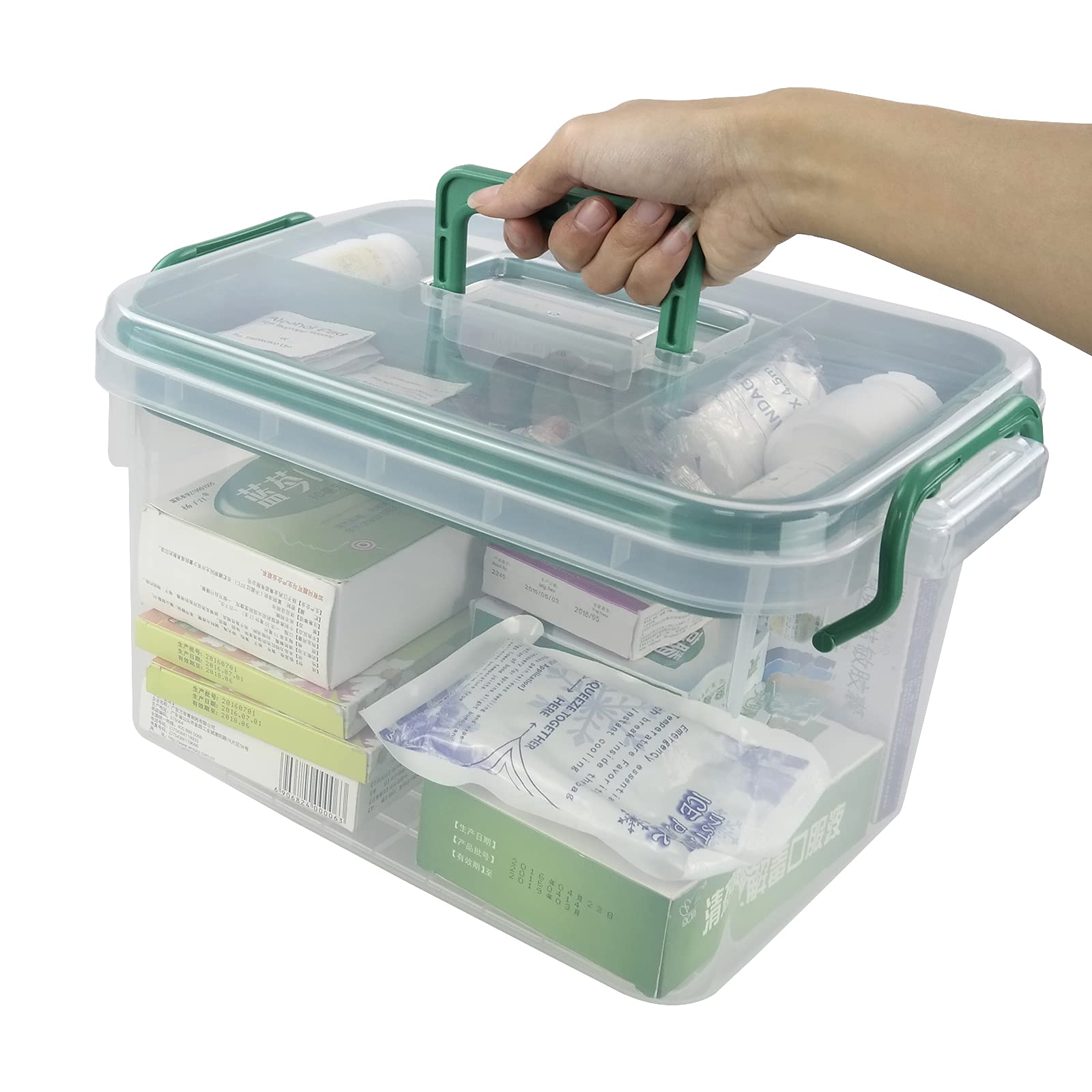 Qskely cosmetics and sewing supplies box organized in a clear case.