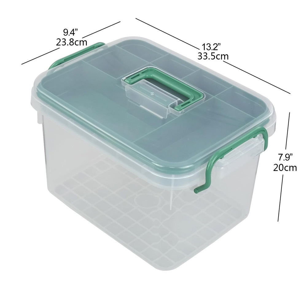 Qskely first aid box with removable divider tray for medicine and small supplies.