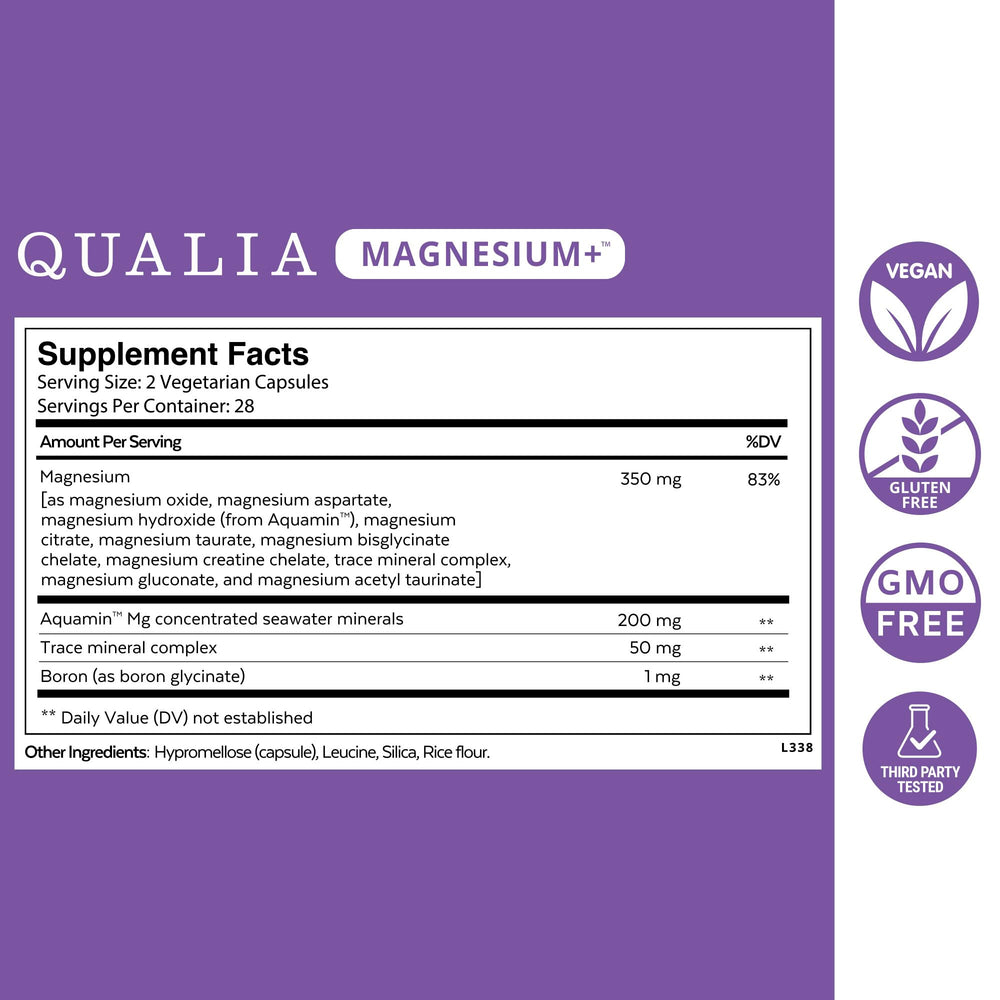 Qualia Magnesium+ bottle label close-up shows 10 magnesium forms and mineral sources