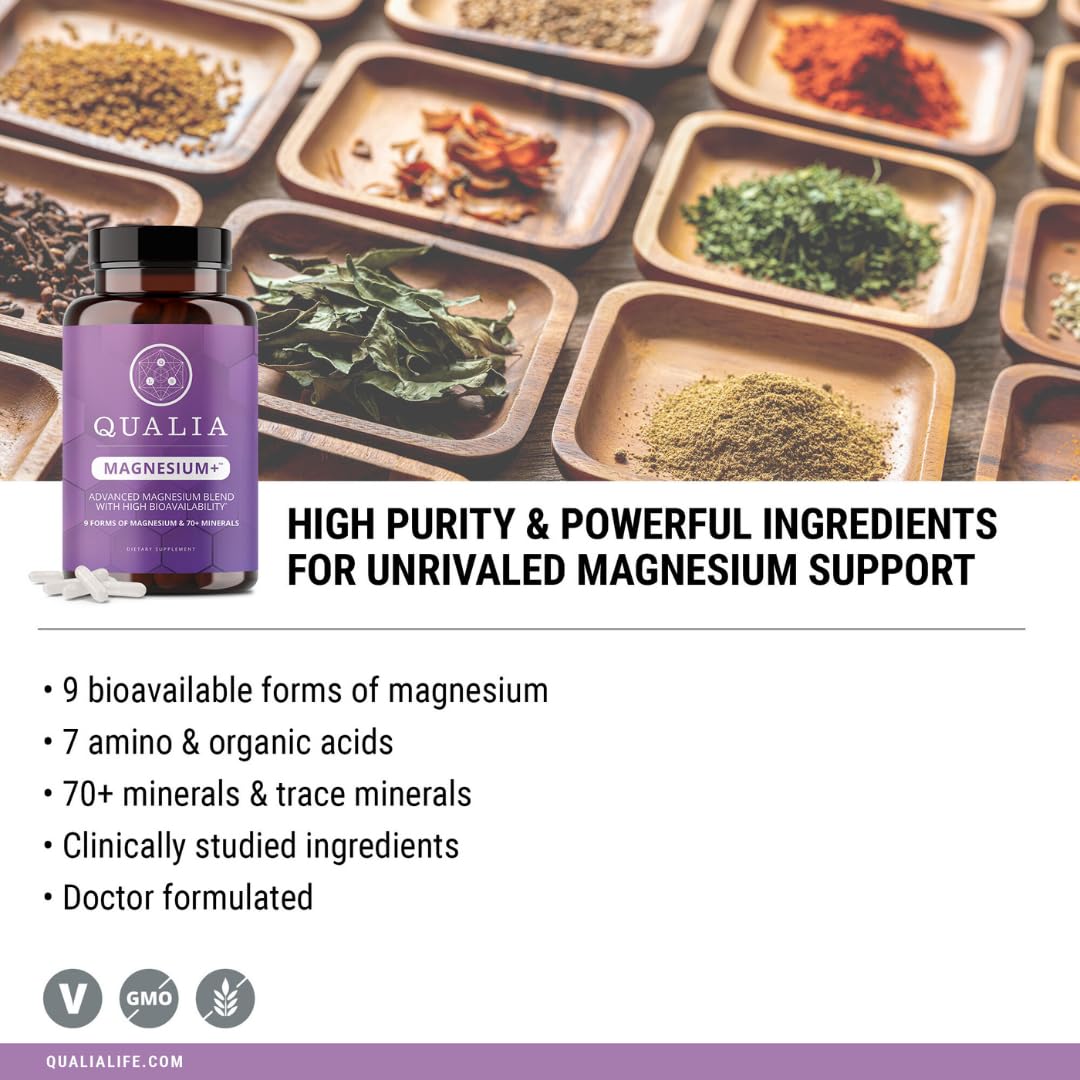 Qualia Magnesium+ vegan gluten-free badge indicates dietary compatibility