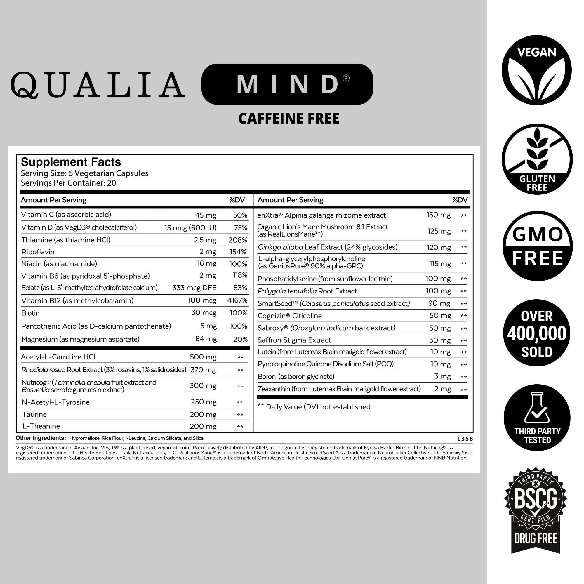 Qualia Mind Caffeine Free packaging conveys premium doctor-formulated quality.
