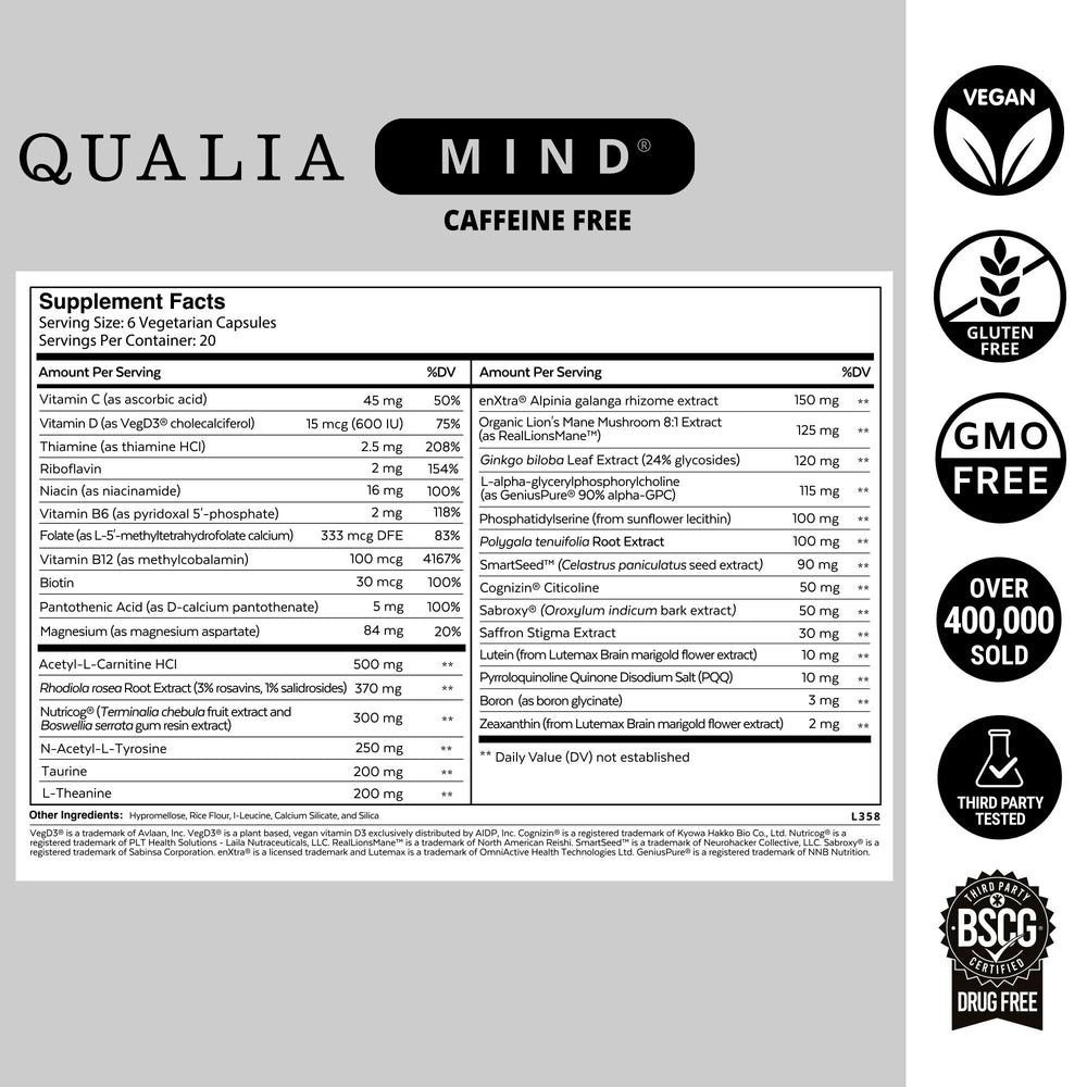 Qualia Mind Caffeine Free packaging conveys premium doctor-formulated quality.