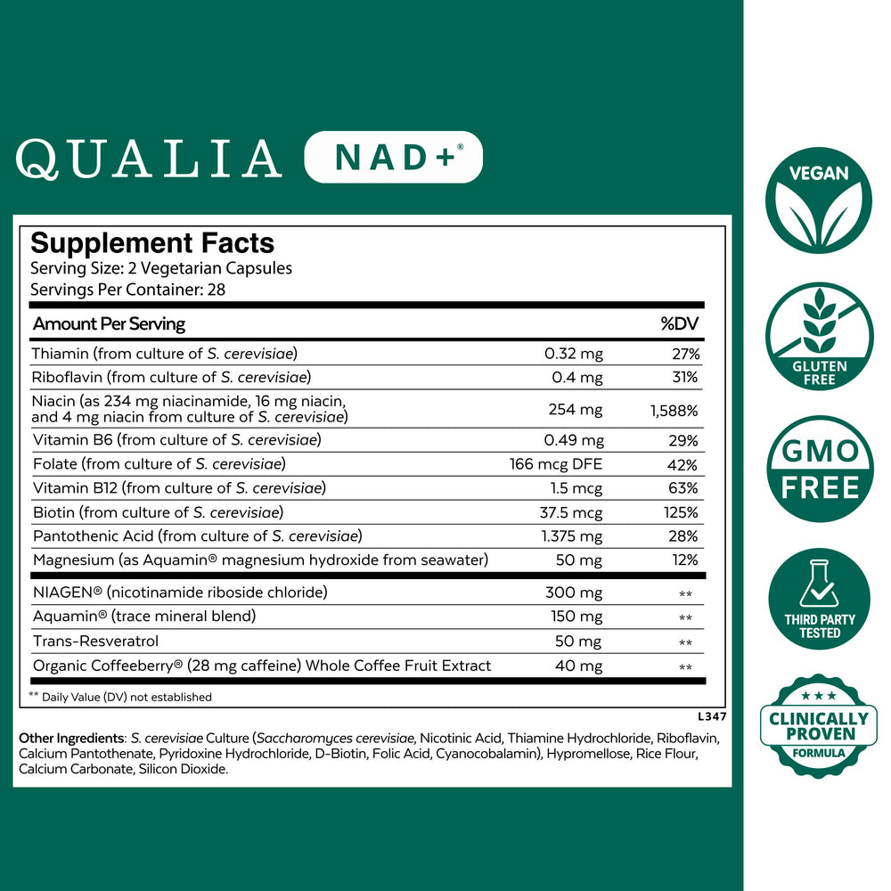 Qualia NAD capsules close-up highlighting compact daily vitality.