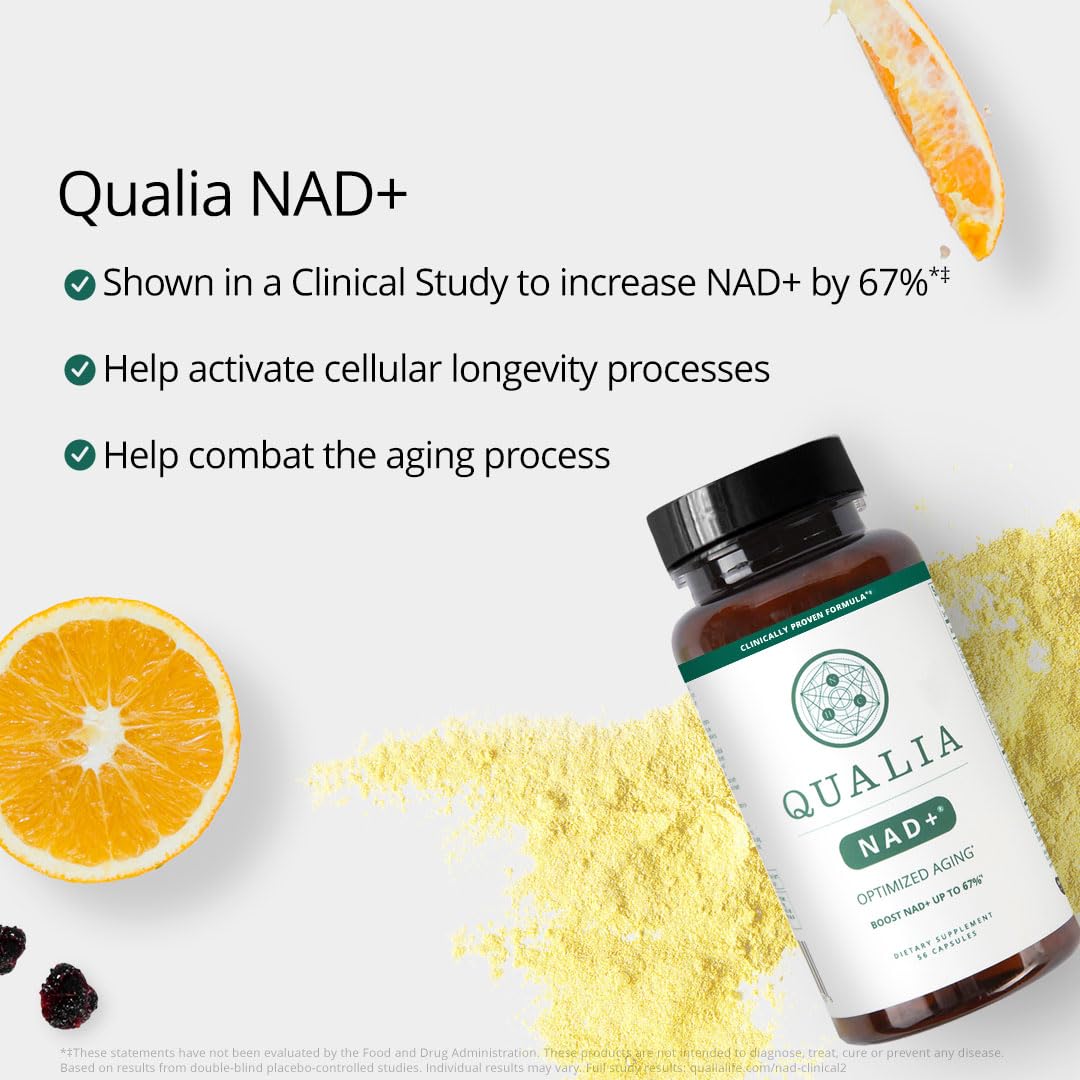 Qualia NAD label detail confirms vegan, non-GMO, gluten-free quality.