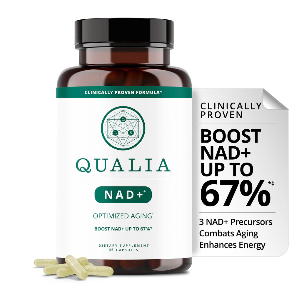 Qualia NAD supplement bottle label highlights NAD+ boosting science.