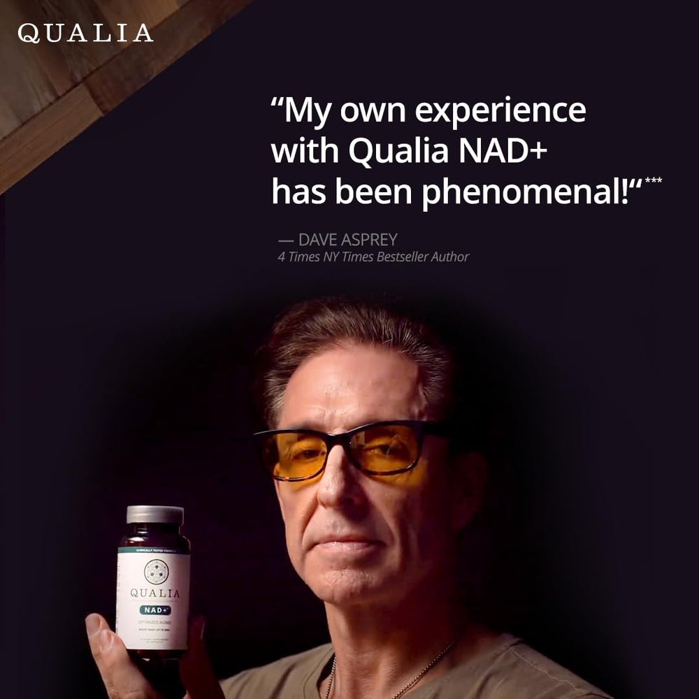 Qualia NAD supplement ingredients blend highlights Niagen, Niacin, Niacinamide and supporting nutrients.