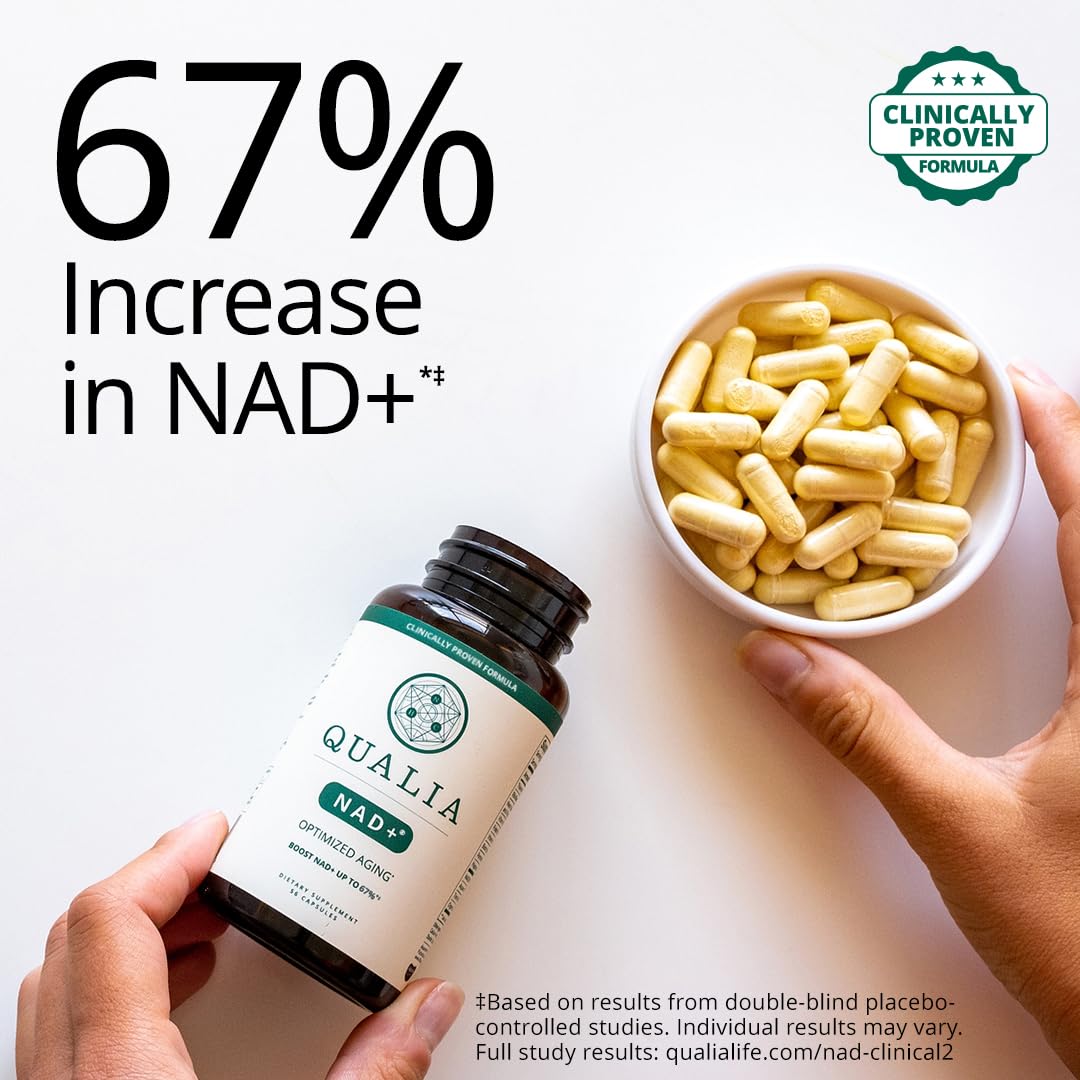 Qualia NAD supplement packaging front showcases premium, doctor-formulated NAD+ boosting ingredients.