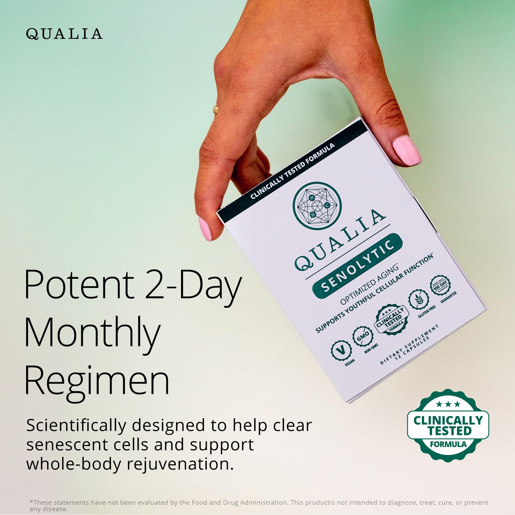 Qualia Senolytic bottle label view highlighting a 1-month supply