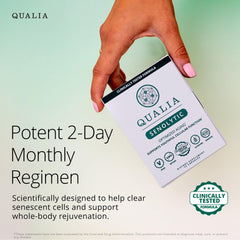Qualia Senolytic bottle label view highlighting a 1-month supply