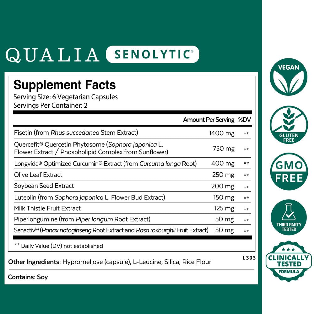 Qualia Senolytic capsules inside the bottle imply simple daily dosing for wellness