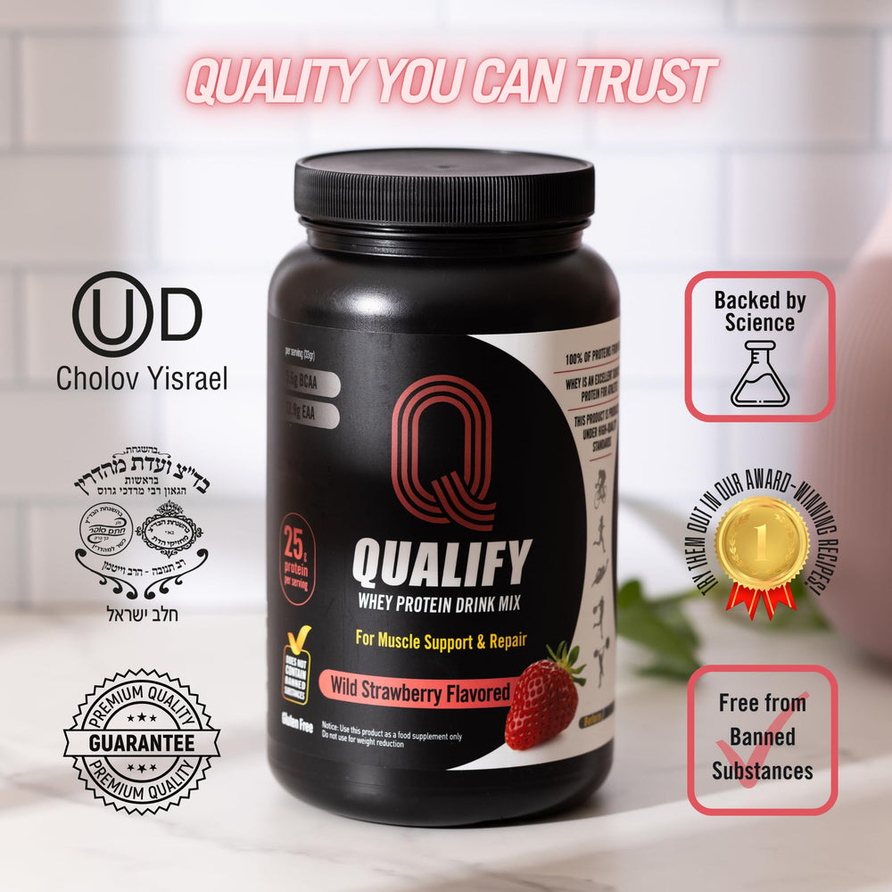 Qualify Strawberry Whey Protein Powder gluten-free label for dietary fit