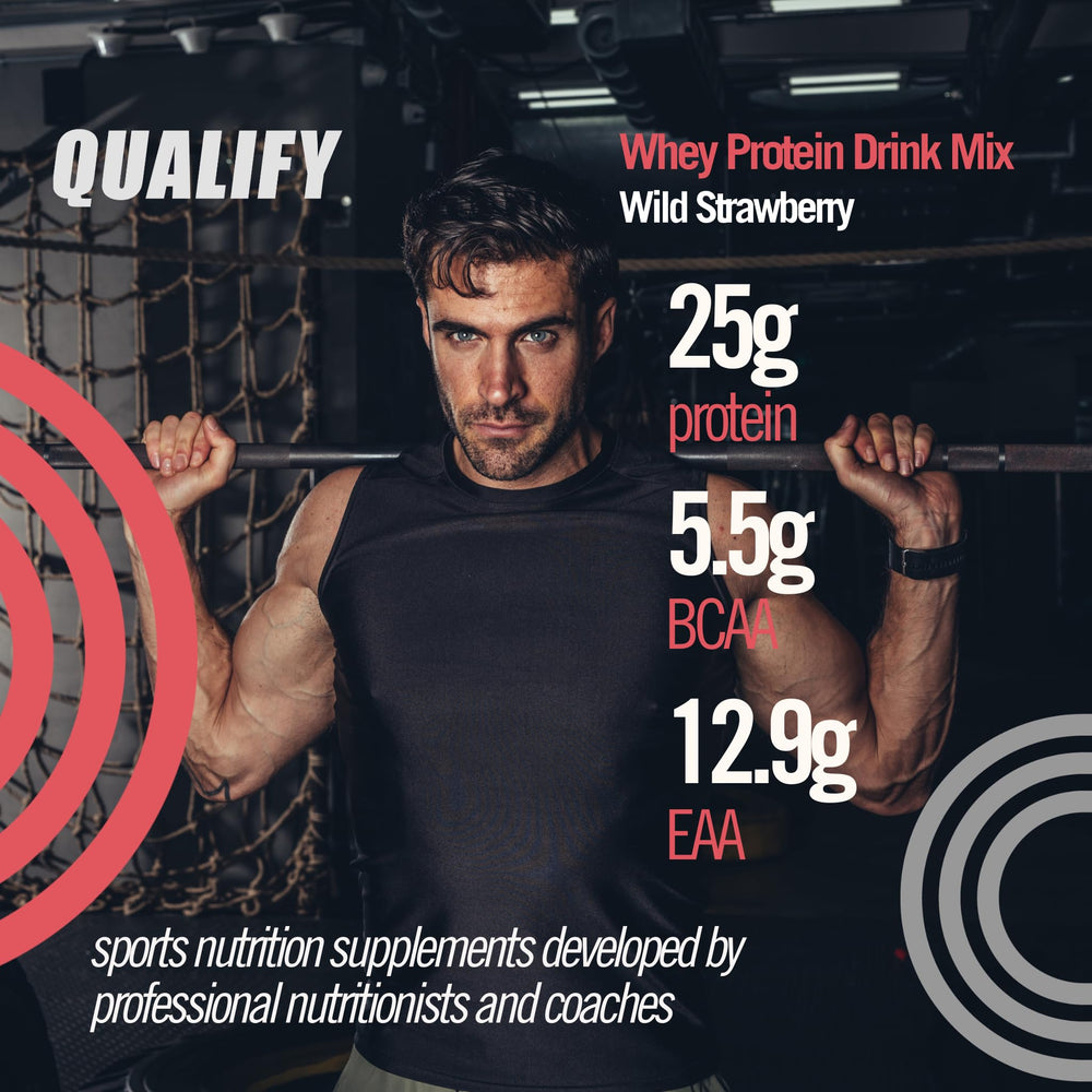 Qualify Strawberry Whey Protein Powder scoop measures 25g protein per serving