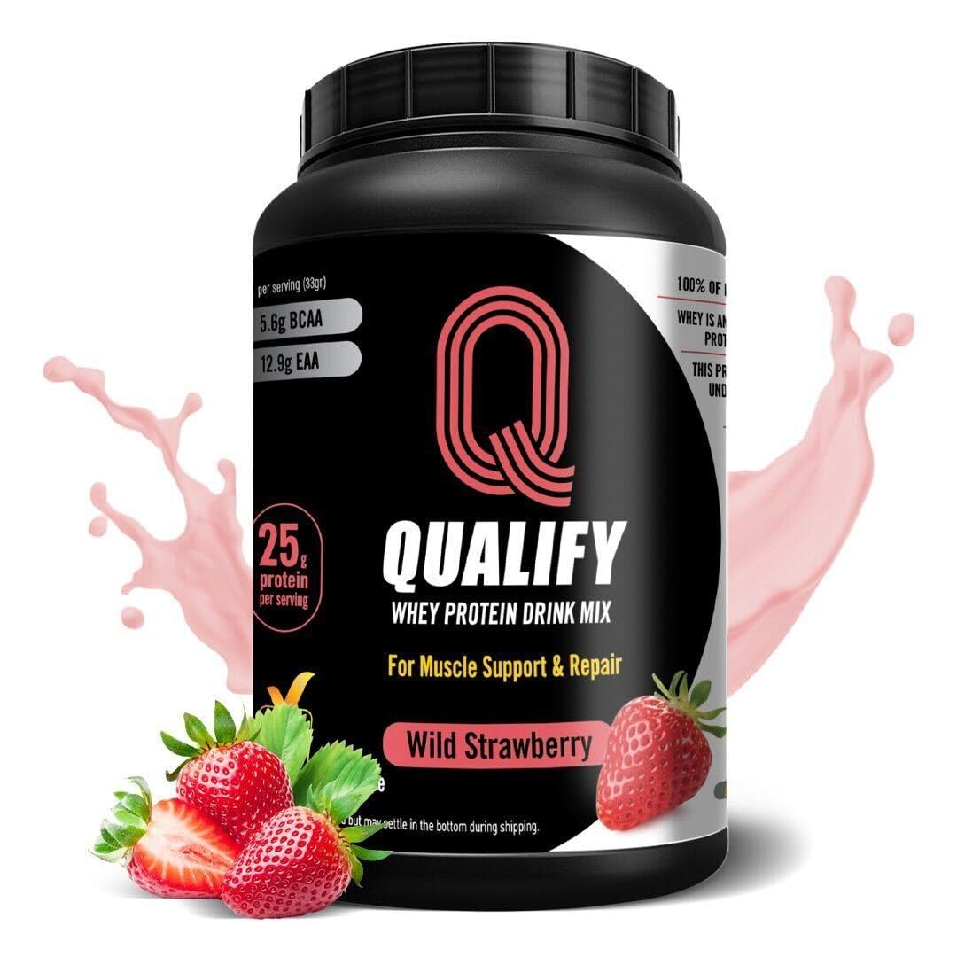 Qualify Strawberry Whey Protein Powder tub front with kosher and gluten-free labels