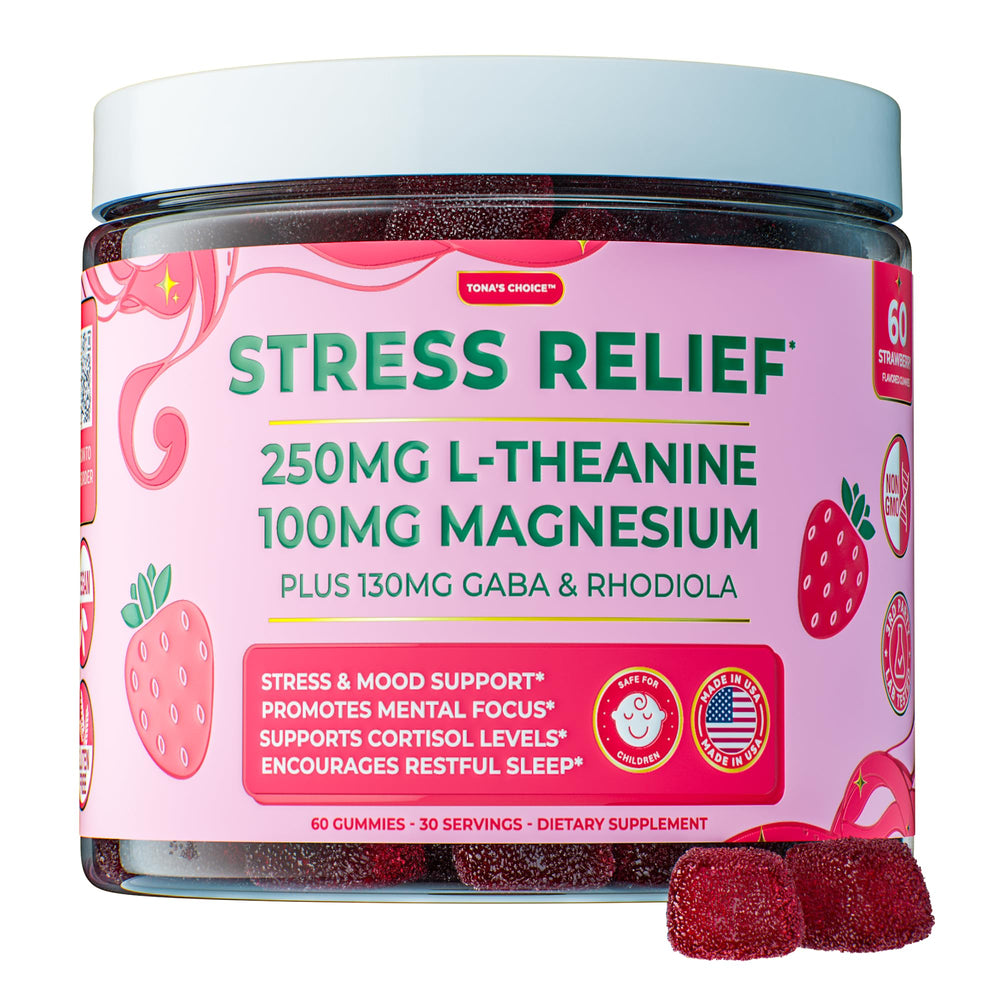 Quali-Tea Stress Relief Gummies bottle showing calming support and focus benefits