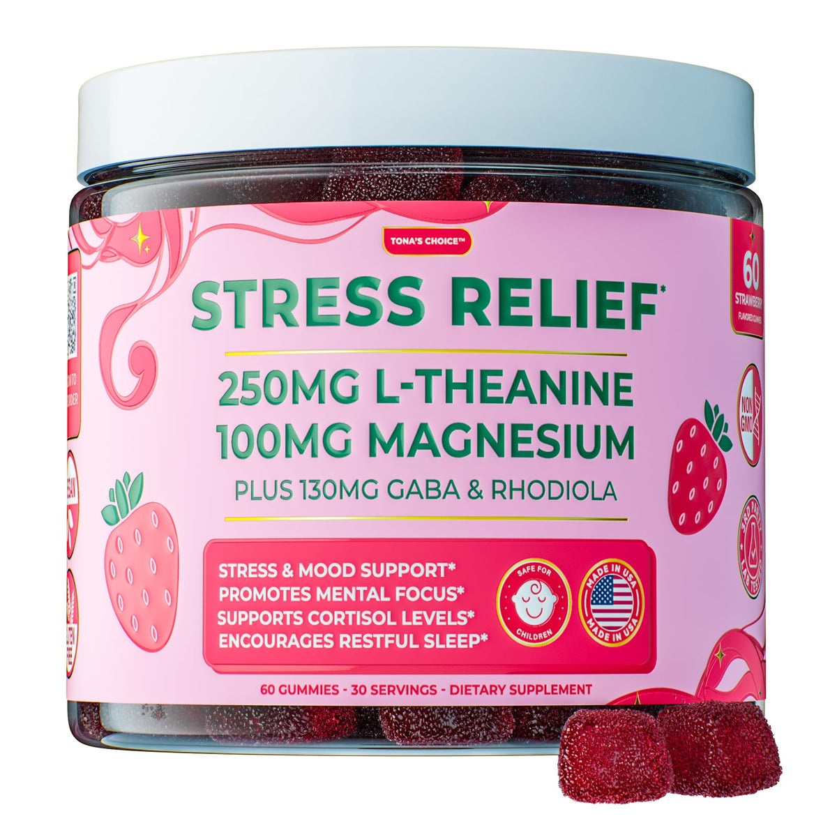 Quali-Tea Stress Relief Gummies bottle showing calming support and focus benefits