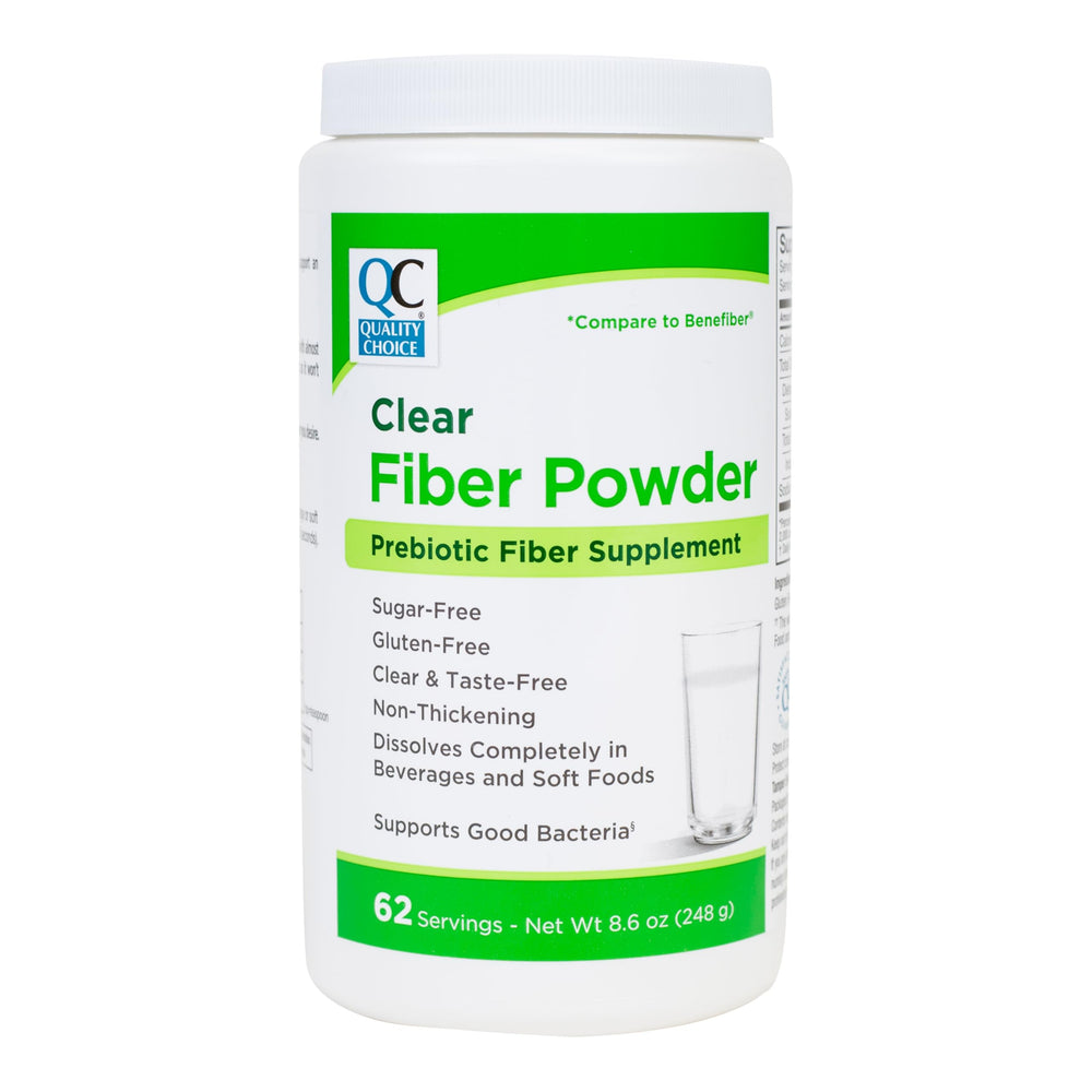 Quality Choice Clear Fiber Powder bottle shows tasteless formula for daily use