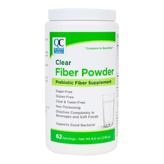 Quality Choice Clear Fiber Powder bottle shows tasteless formula for daily use