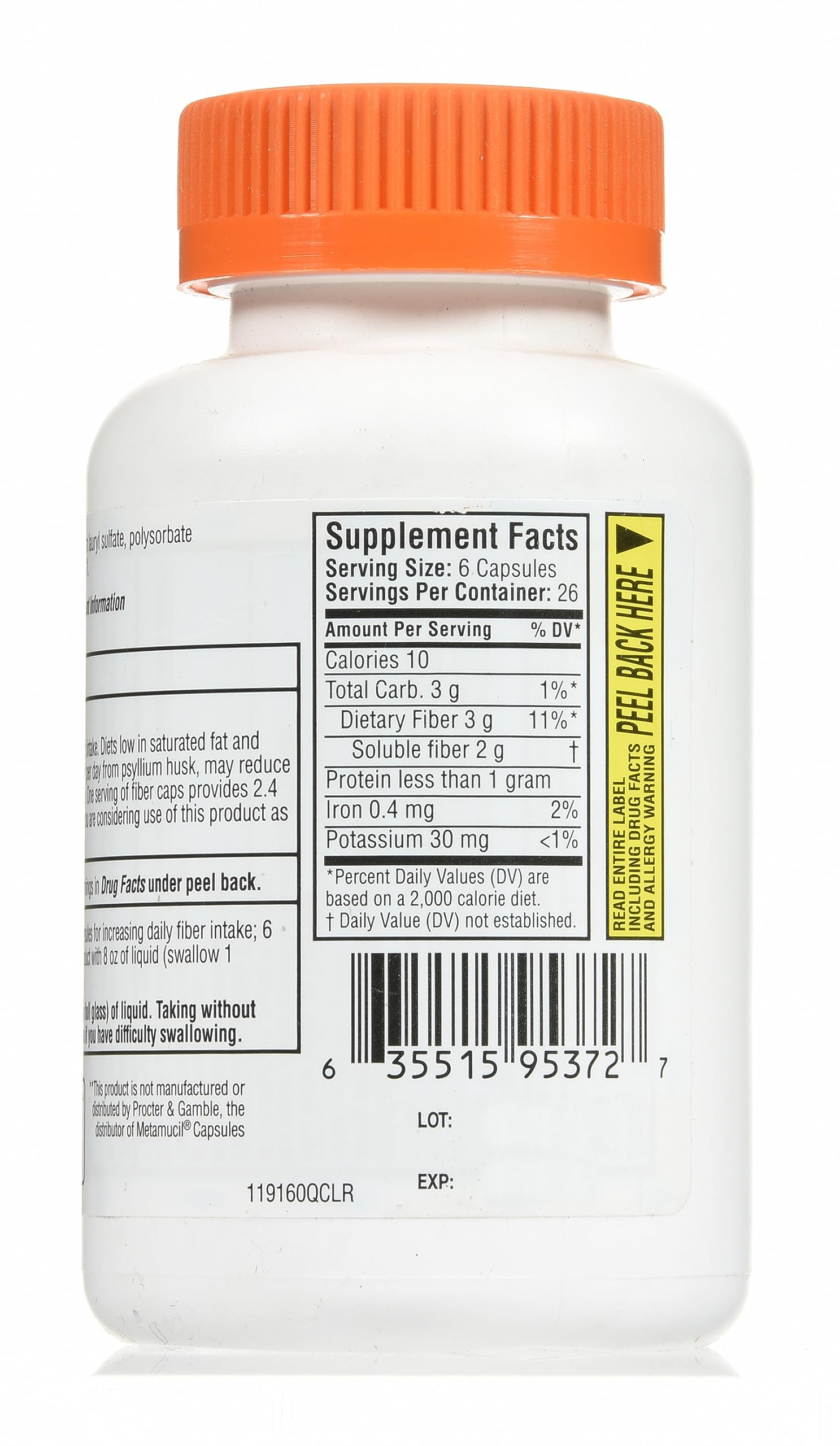 Quality Choice Daily Fiber Capsules nutrition facts panel captures bottle contents at a glance.