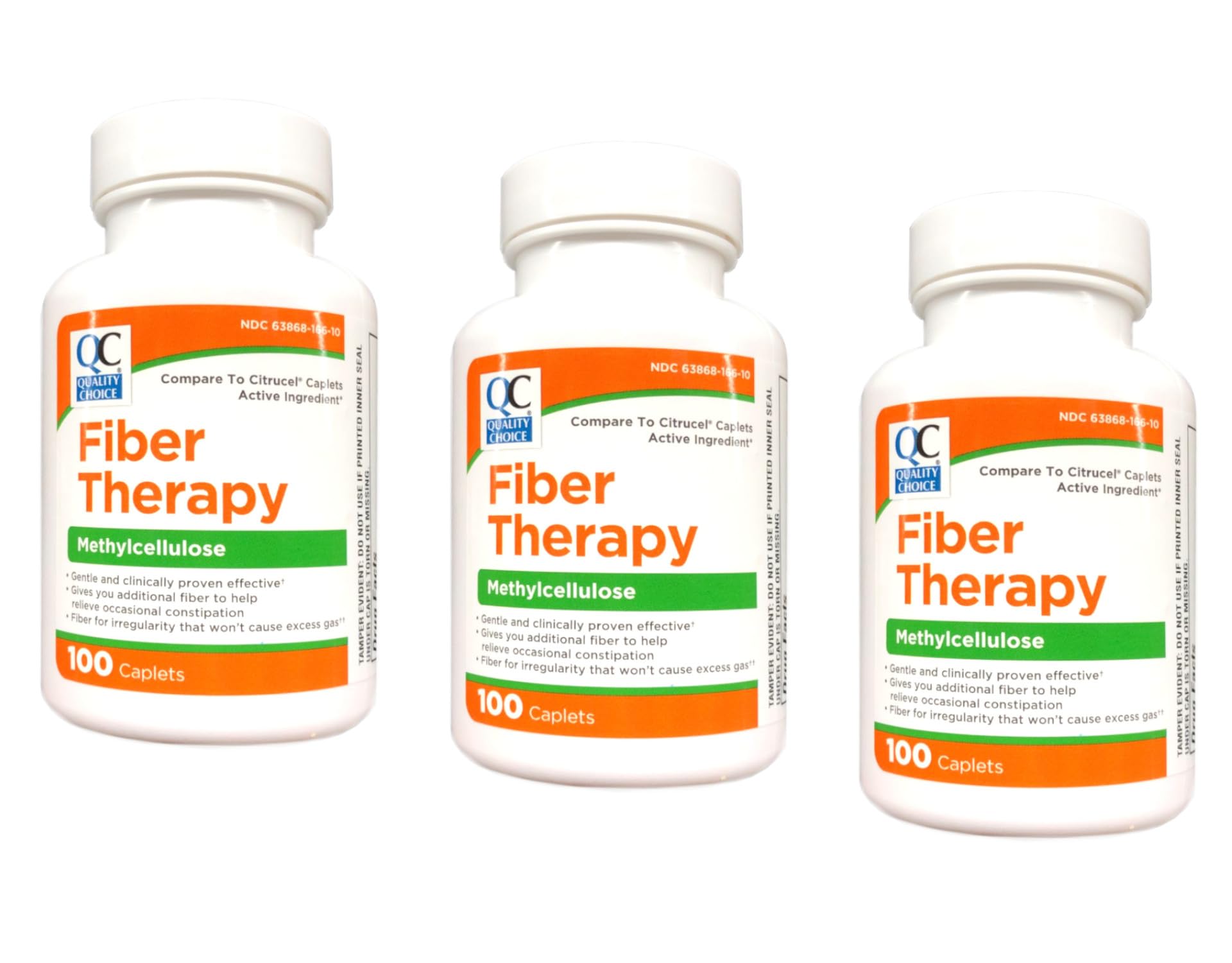 Quality Choice fiber therapy caplets bottle shows 100 count for daily regularity.