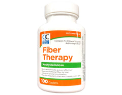 Quality Choice fiber therapy caplets bottle front highlights methylcellulose benefits.