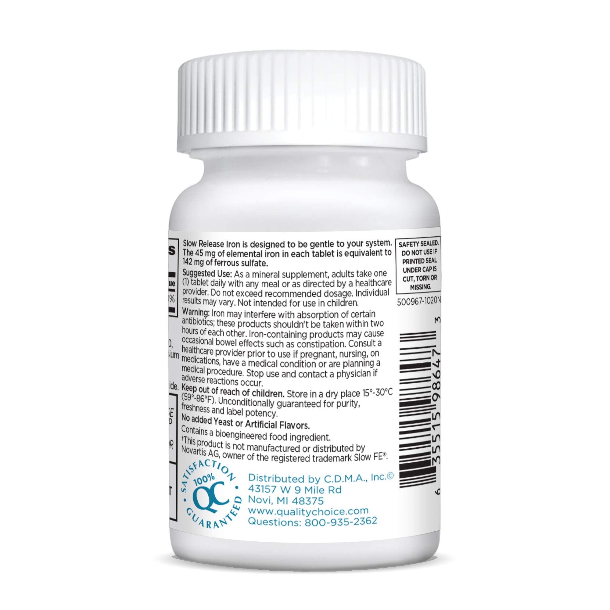 Quality Choice iron tablets close-up highlighting smooth texture for comfortable daily intake