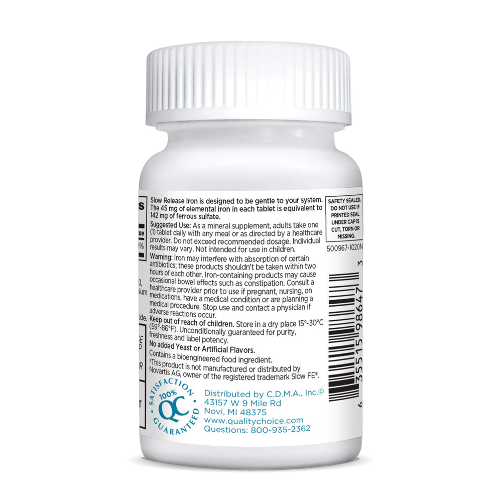 Quality Choice iron tablets close-up highlighting smooth texture for comfortable daily intake
