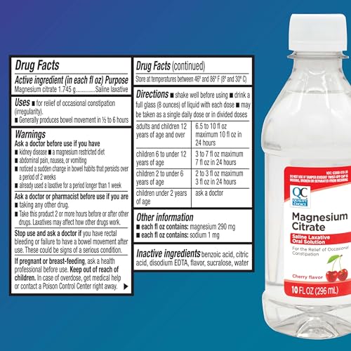 Quality Choice Magnesium Citrate cherry bottle highlights flavored laxative for occasional constipation relief