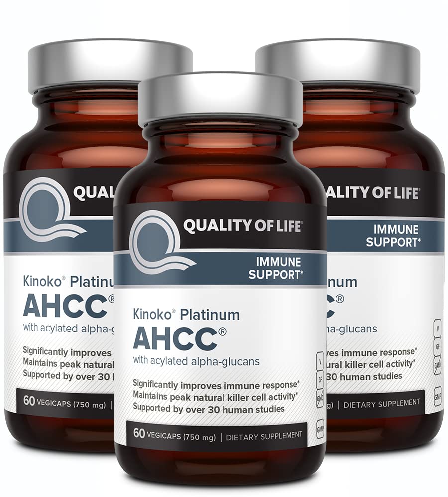 Quality of Life AHCC Kinoko Platinum bottle front for premium immune support.