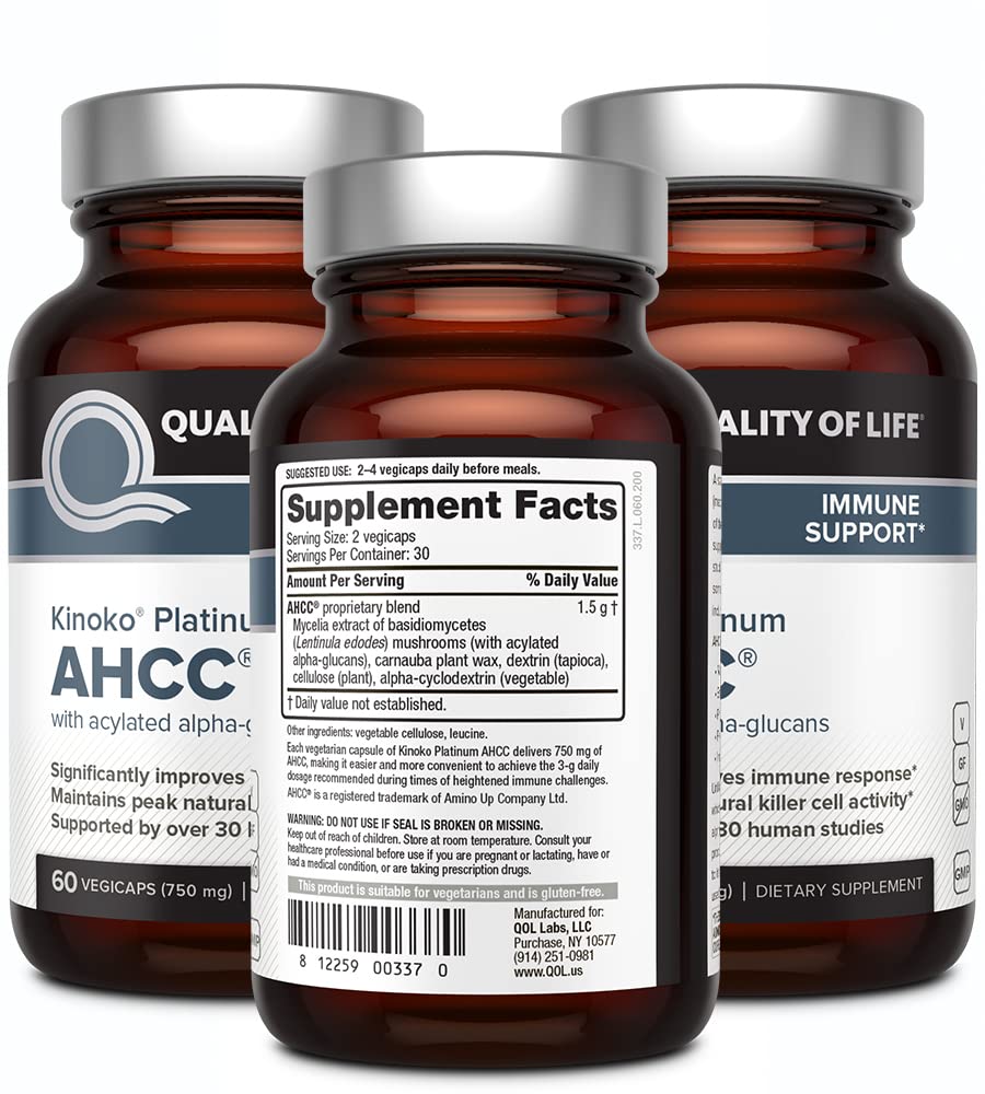 Quality of Life AHCC Kinoko Platinum bottle side showing ingredients and immune support.