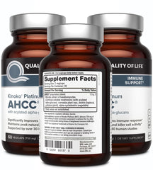 Quality of Life AHCC Kinoko Platinum bottle side showing ingredients and immune support.