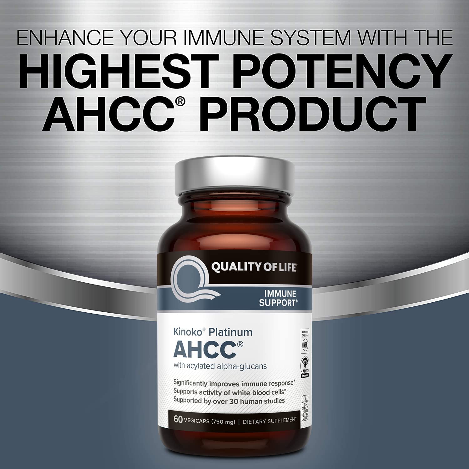 Quality of Life AHCC Kinoko Platinum capsule close-up for daily immune support.