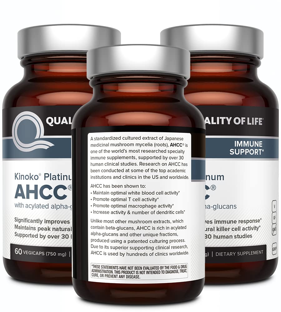 Quality of Life AHCC Kinoko Platinum pack shot for convenient multi-pack immune support.