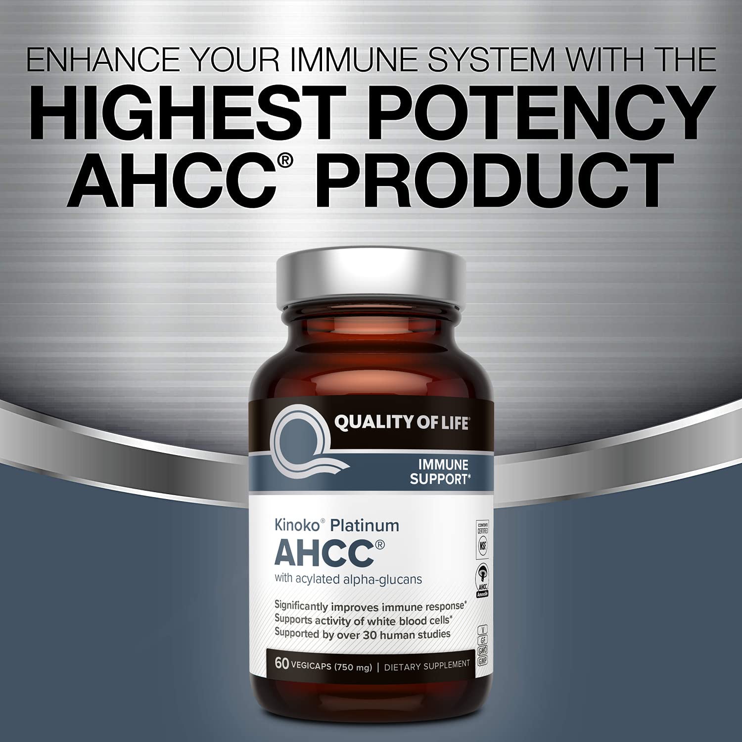 Quality of Life AHCC Kinoko Platinum bottle label showcases research-backed credentials and GMP manufacturing.