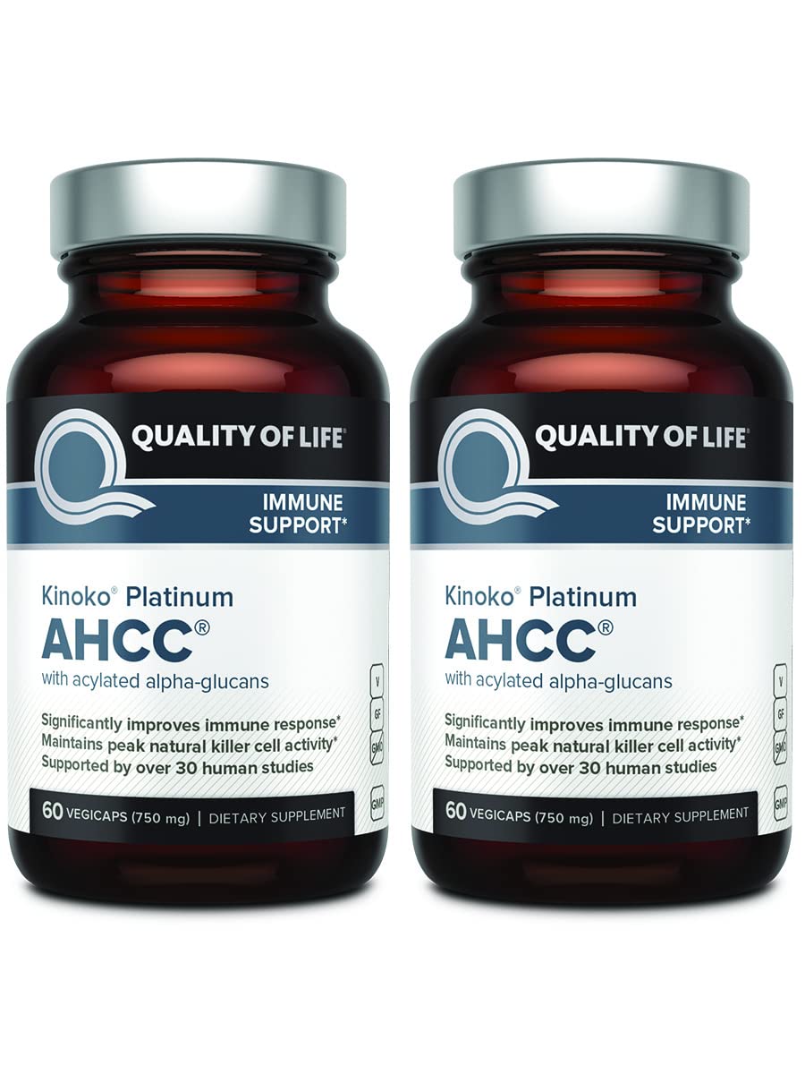 Quality of Life AHCC Kinoko Platinum pack front shows a convenient two-bottle set for immune support.