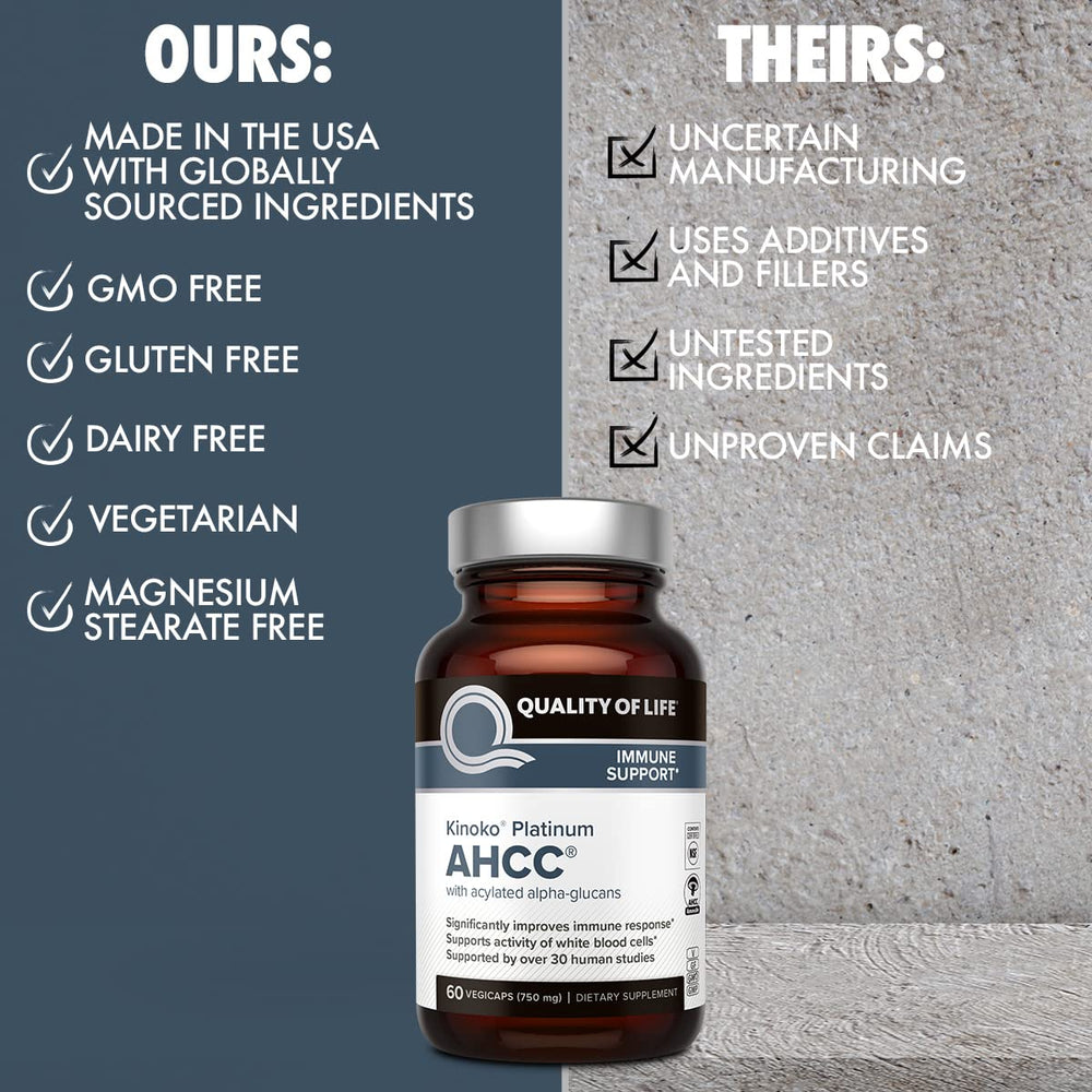 Quality of Life AHCC Kinoko Platinum packaging on shelf conveys premium, USA-made supplement.