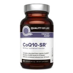 Quality of Life CoQ10-SR bottle, easy-to-swallow sustained-release capsules for daily support.