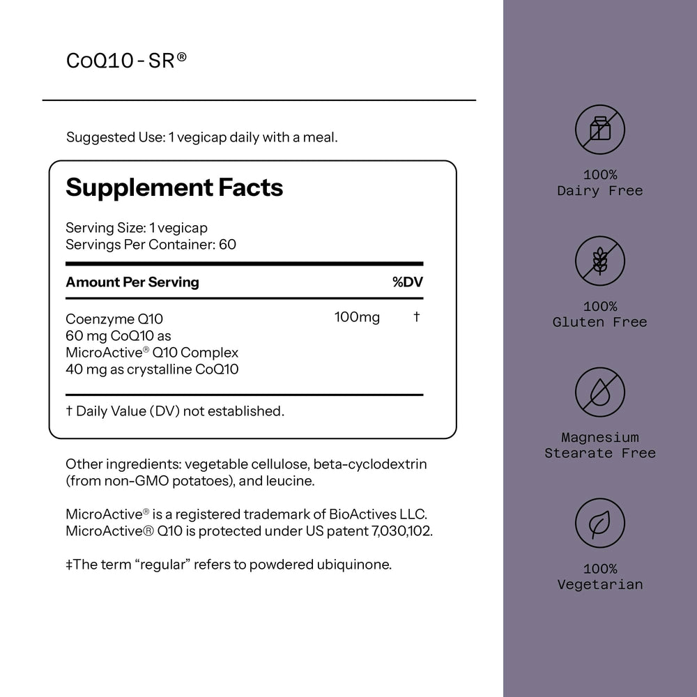 Quality of Life CoQ10-SR capsules pour, highlighting convenient small capsules for steady energy.