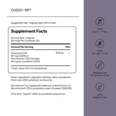 Quality of Life CoQ10-SR capsules pour, highlighting convenient small capsules for steady energy.
