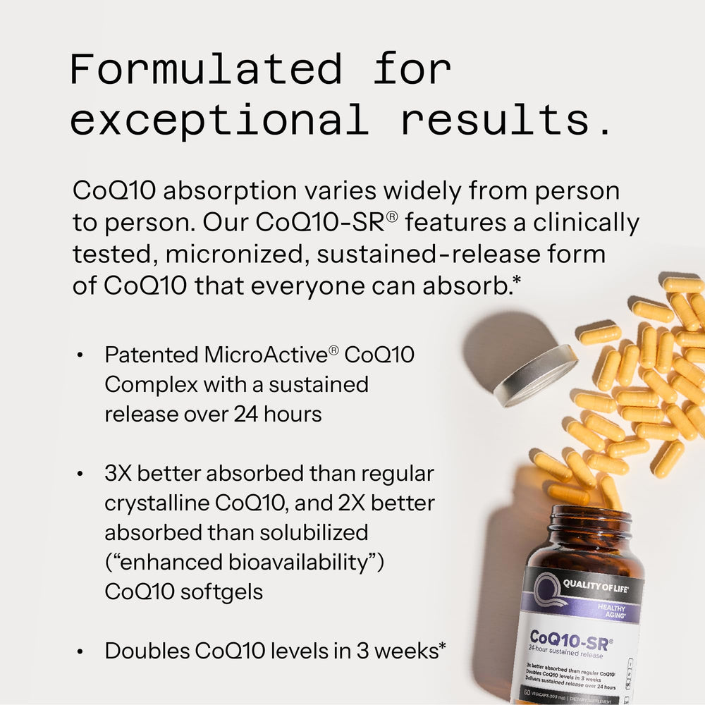 Quality of Life CoQ10-SR label closeup displaying product details and quality.