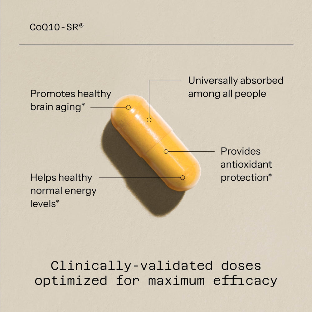 Quality of Life CoQ10-SR microactive matrix graphic, illustrating enhanced bioavailability and 24-hour release.