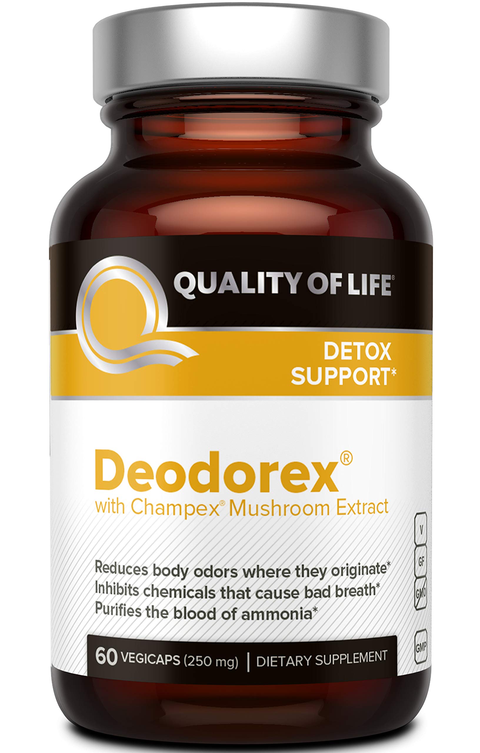 Quality of Life Deodorex bottle on a counter, highlighting convenient detox support.